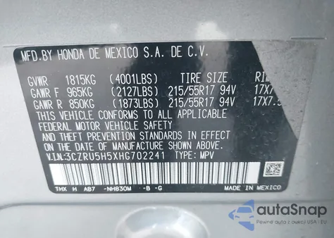 2017 Honda Hr-V Ex z USA, uszkodzony, nr VIN 3CZRU5H5XHG702241
